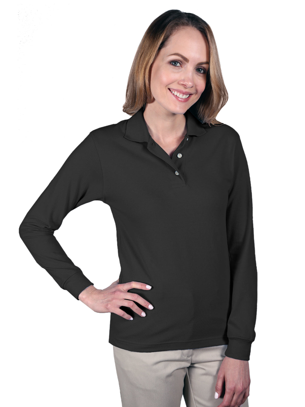 Women's Pocketless Superblend Long Sleeve Polo - BG6207 - Black