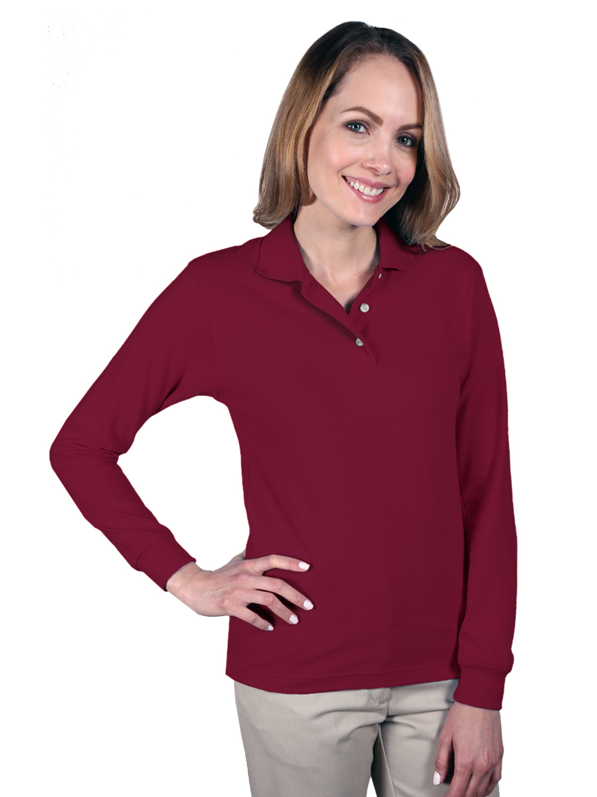 Women's Pocketless Superblend Long Sleeve Polo - BG6207 - Burgundy