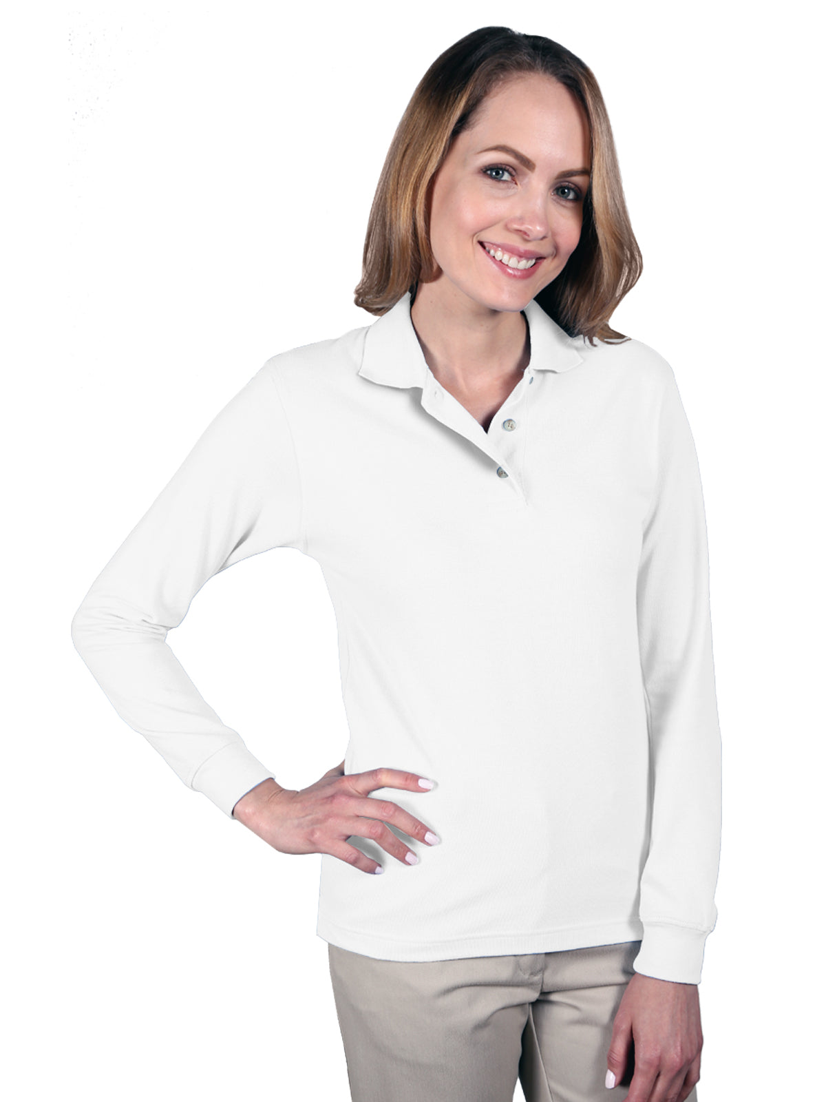 Women's Pocketless Superblend Long Sleeve Polo - BG6207 - White