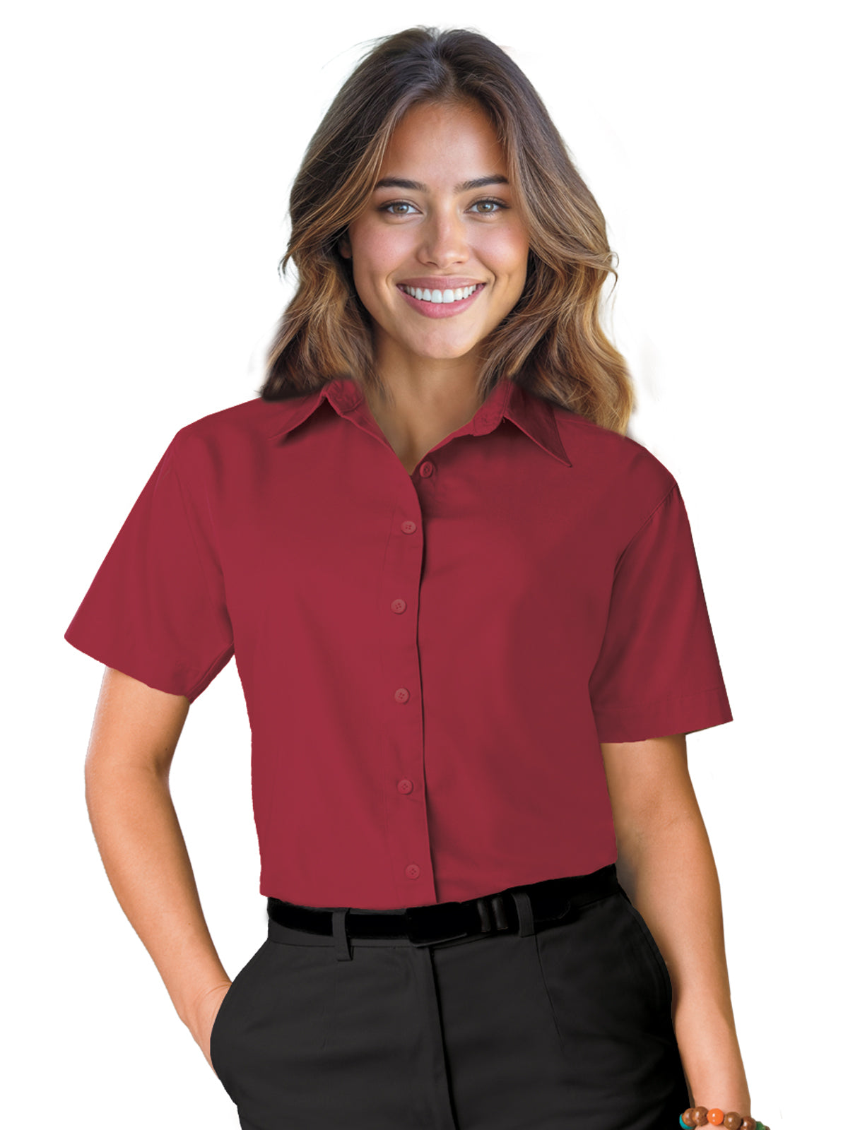 Women's Pocketless Short Sleeve Poplin Shirt - BG6210S - Burgundy