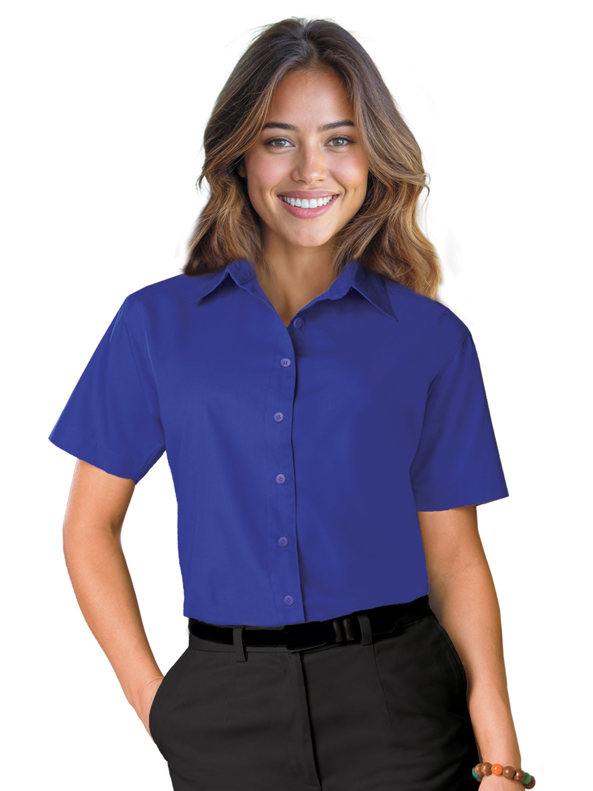 Women's Pocketless Short Sleeve Poplin Shirt - BG6210S - Royal