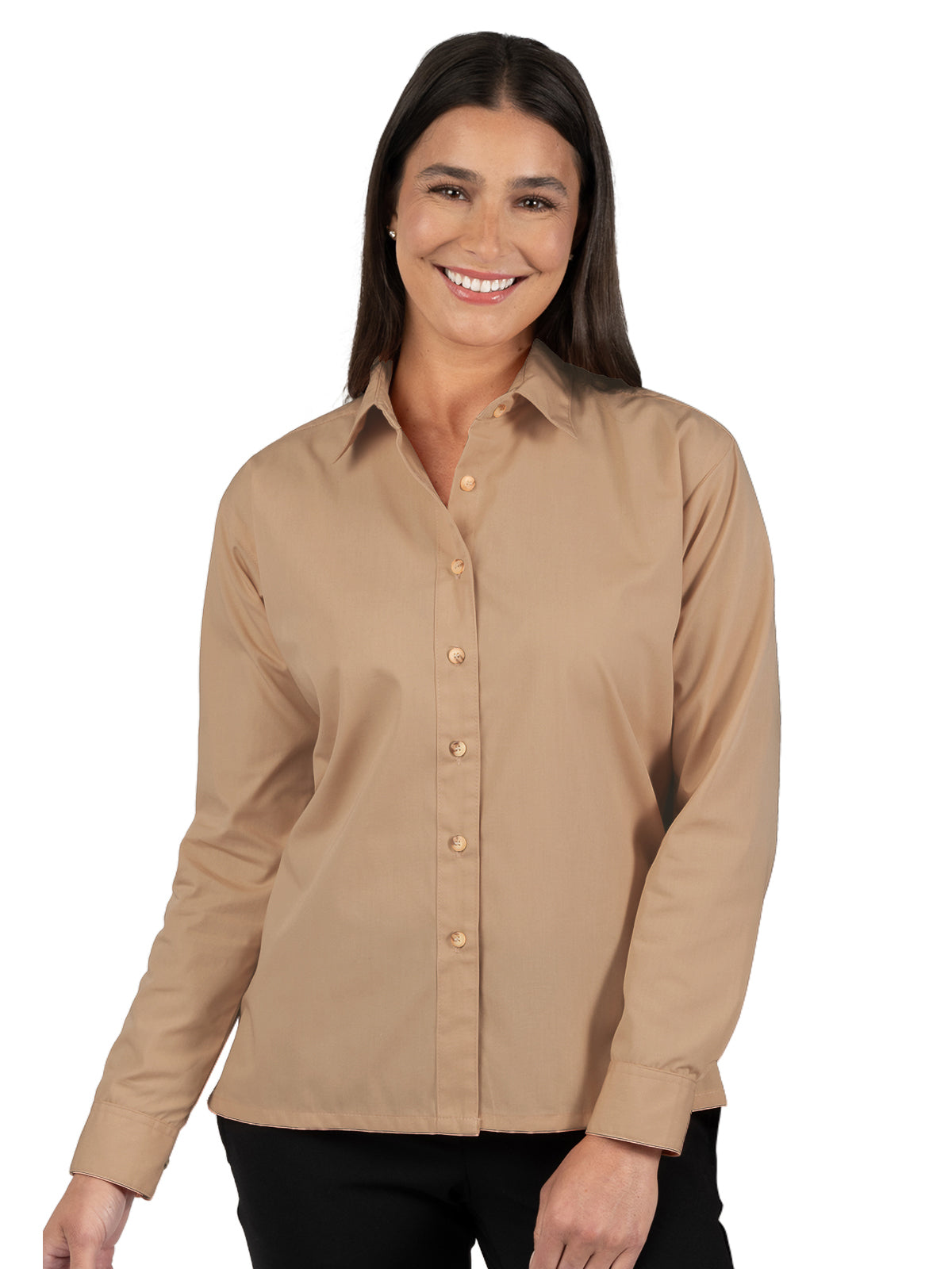 Women's Pocketless Long Sleeve Superblend Poplin Shirt - BG6216 - Tan
