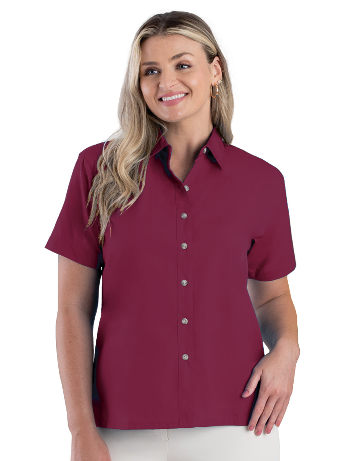 Women's Pocketless Short Sleeve Superblend Poplin Shirt - BG6216S - Burgundy
