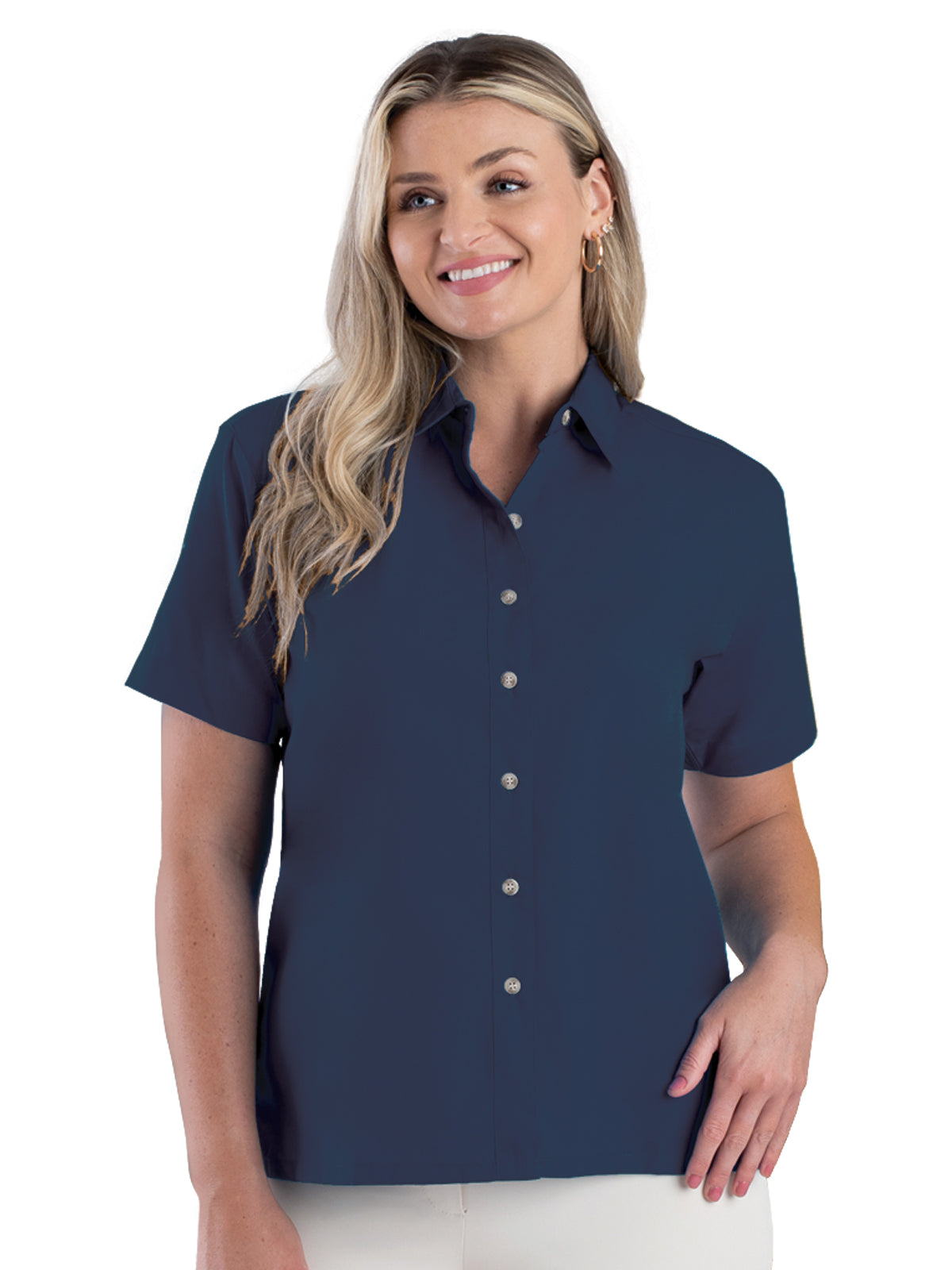 Women's Pocketless Short Sleeve Superblend Poplin Shirt - BG6216S - Navy