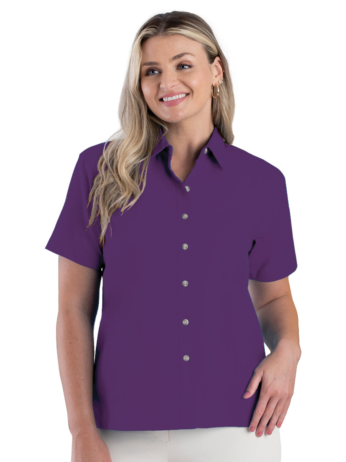 Women's Pocketless Short Sleeve Superblend Poplin Shirt - BG6216S - Purple