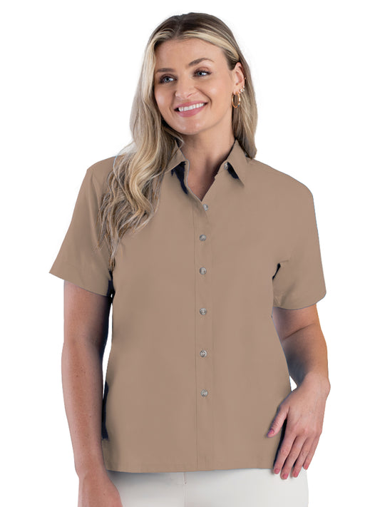 Women's Pocketless Short Sleeve Superblend Poplin Shirt - BG6216S - Tan