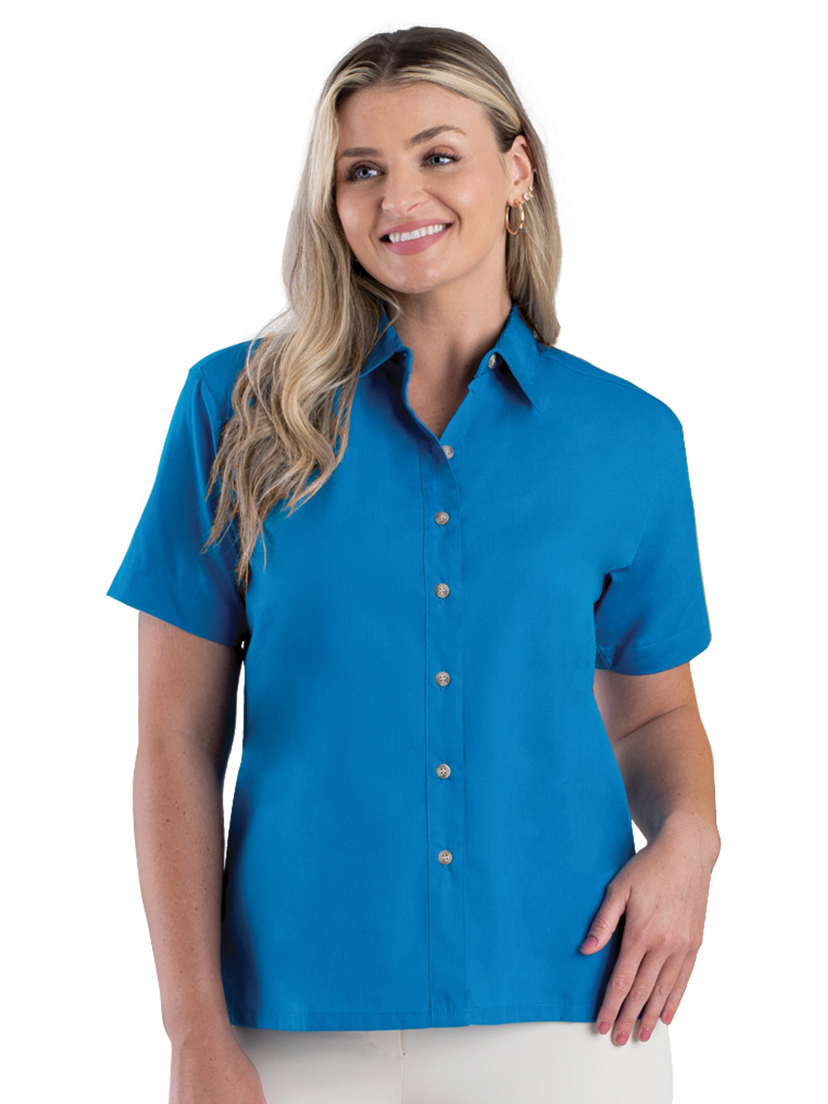 Women's Pocketless Short Sleeve Superblend Poplin Shirt - BG6216S - Turquoise