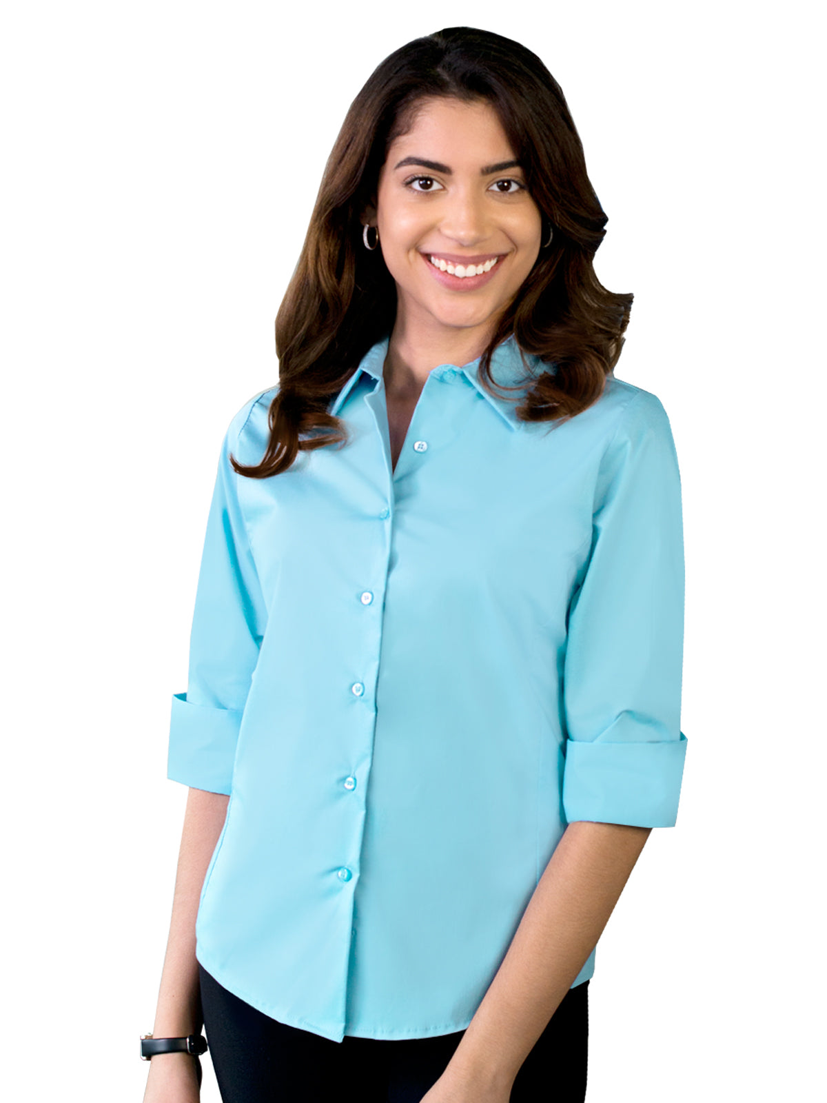 Women's Pocketless 3/4-Sleeve Stretch Poplin Shirt - BG6218 - Aqua