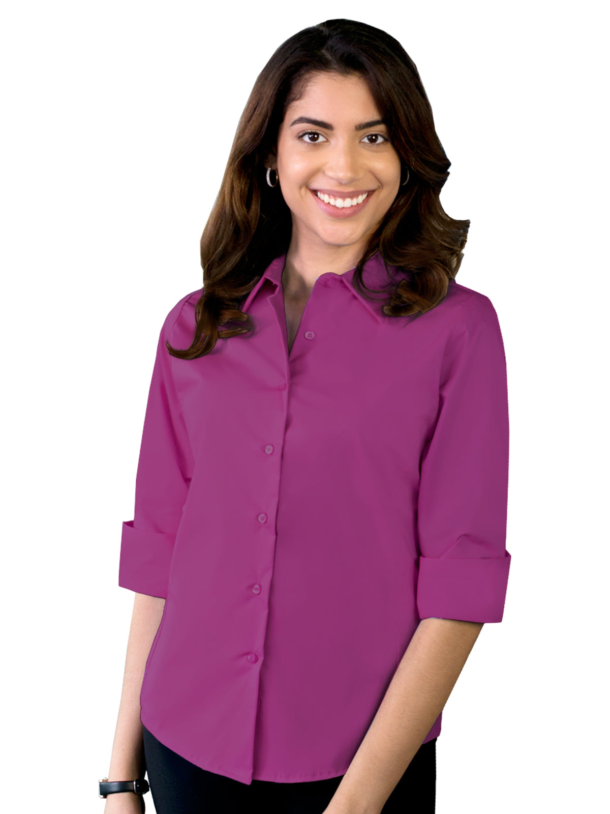 Women's Pocketless 3/4-Sleeve Stretch Poplin Shirt - BG6218 - Berry