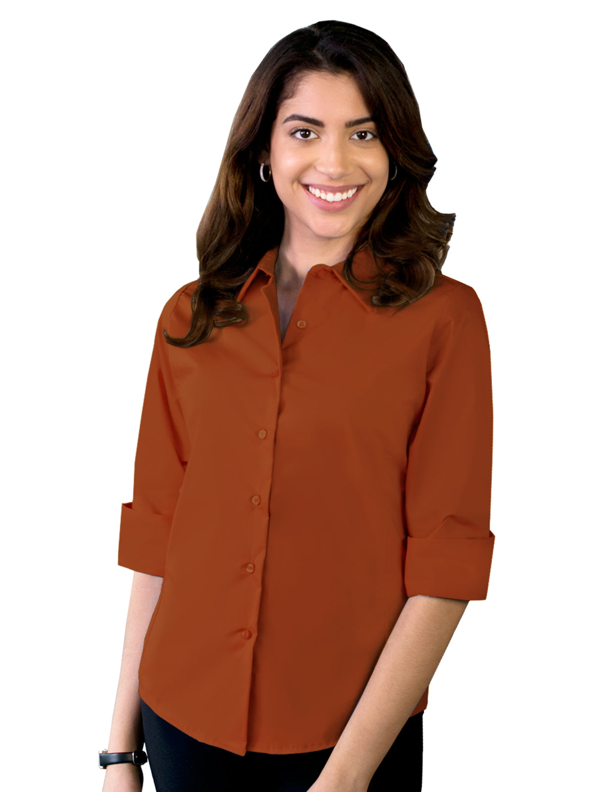 Women's Pocketless 3/4-Sleeve Stretch Poplin Shirt - BG6218 - Burnt Orange
