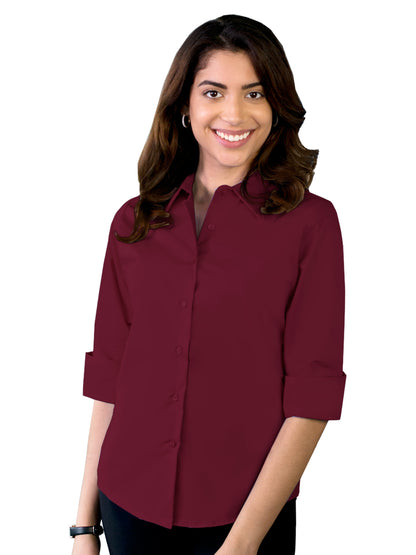 Women's Pocketless 3/4-Sleeve Stretch Poplin Shirt - BG6218 - Burgundy