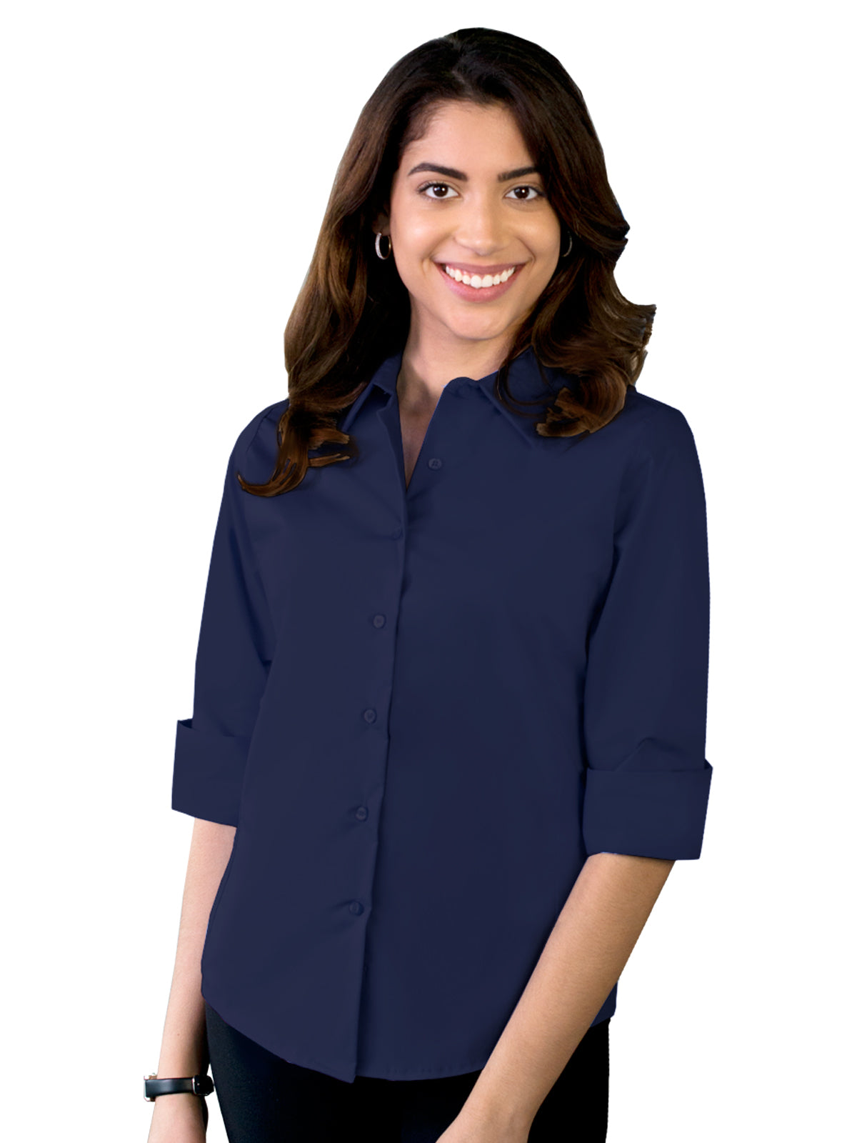 Women's Pocketless 3/4-Sleeve Stretch Poplin Shirt - BG6218 - Navy