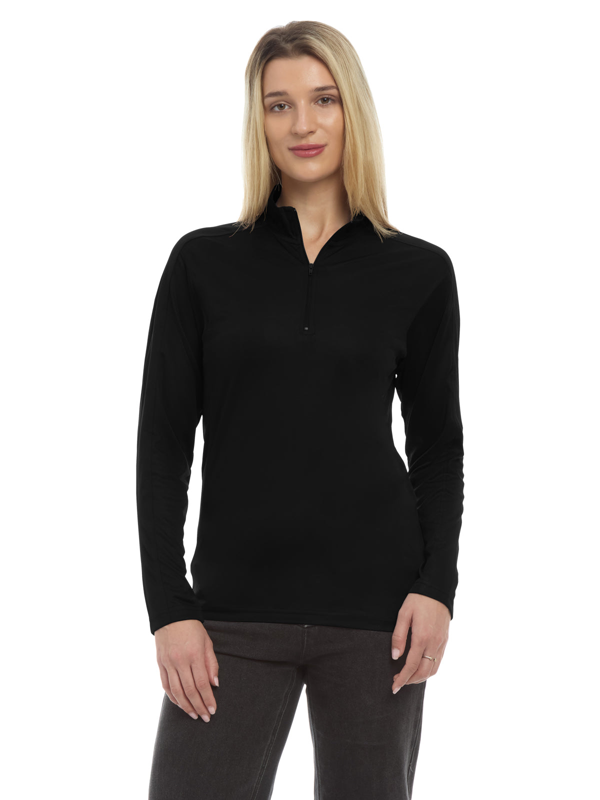 Women's Pocketless Wicking Long Sleeve Zip Pullover - BG6230 - Black