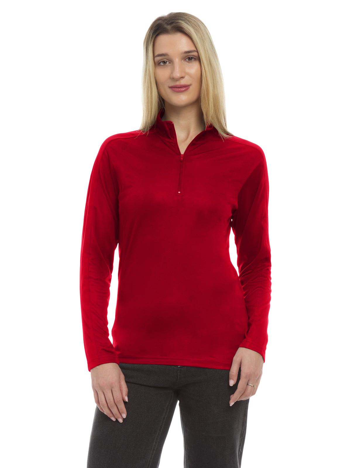 Women's Pocketless Wicking Long Sleeve Zip Pullover - BG6230 - Red
