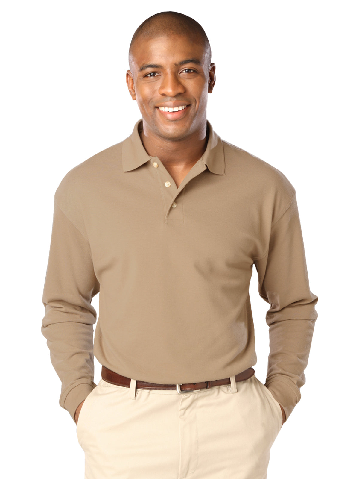 Men's Pocketless Superblend Long Sleeve Polo - BG7207 - Tan