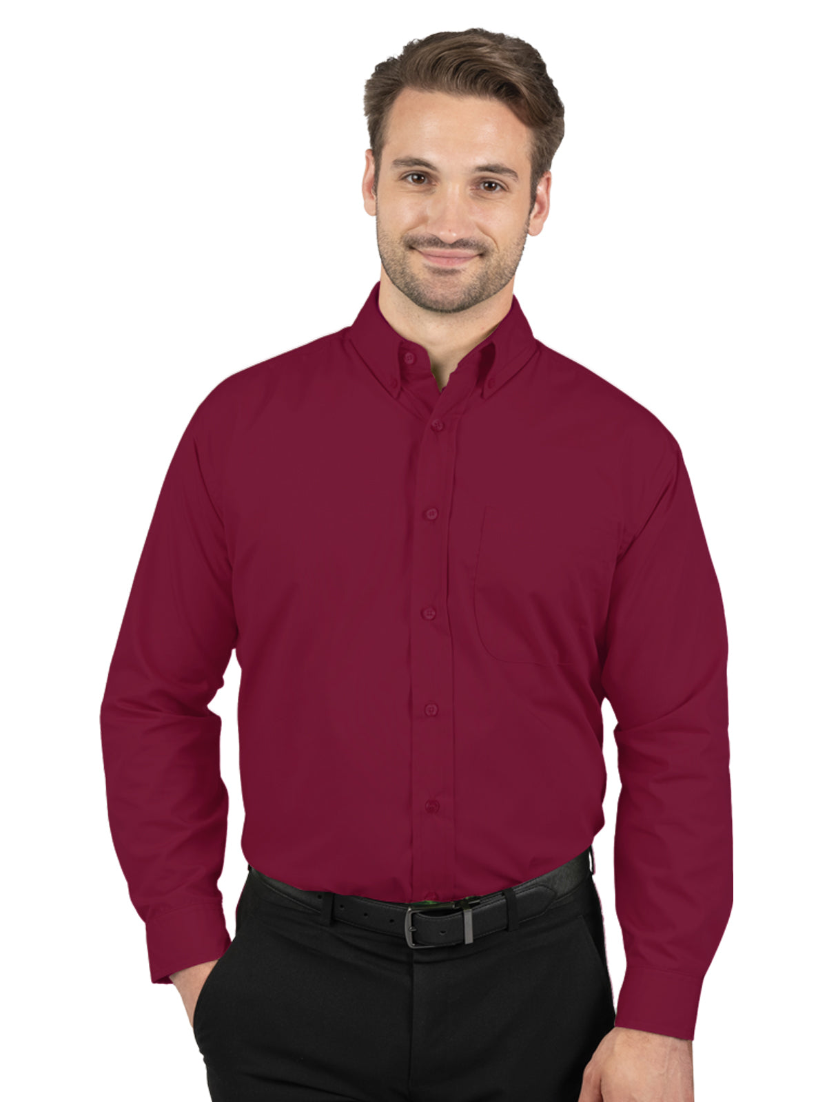 Men's 1-Pocket Matching Buttons Poplin Shirt - BG7266 - Burgundy