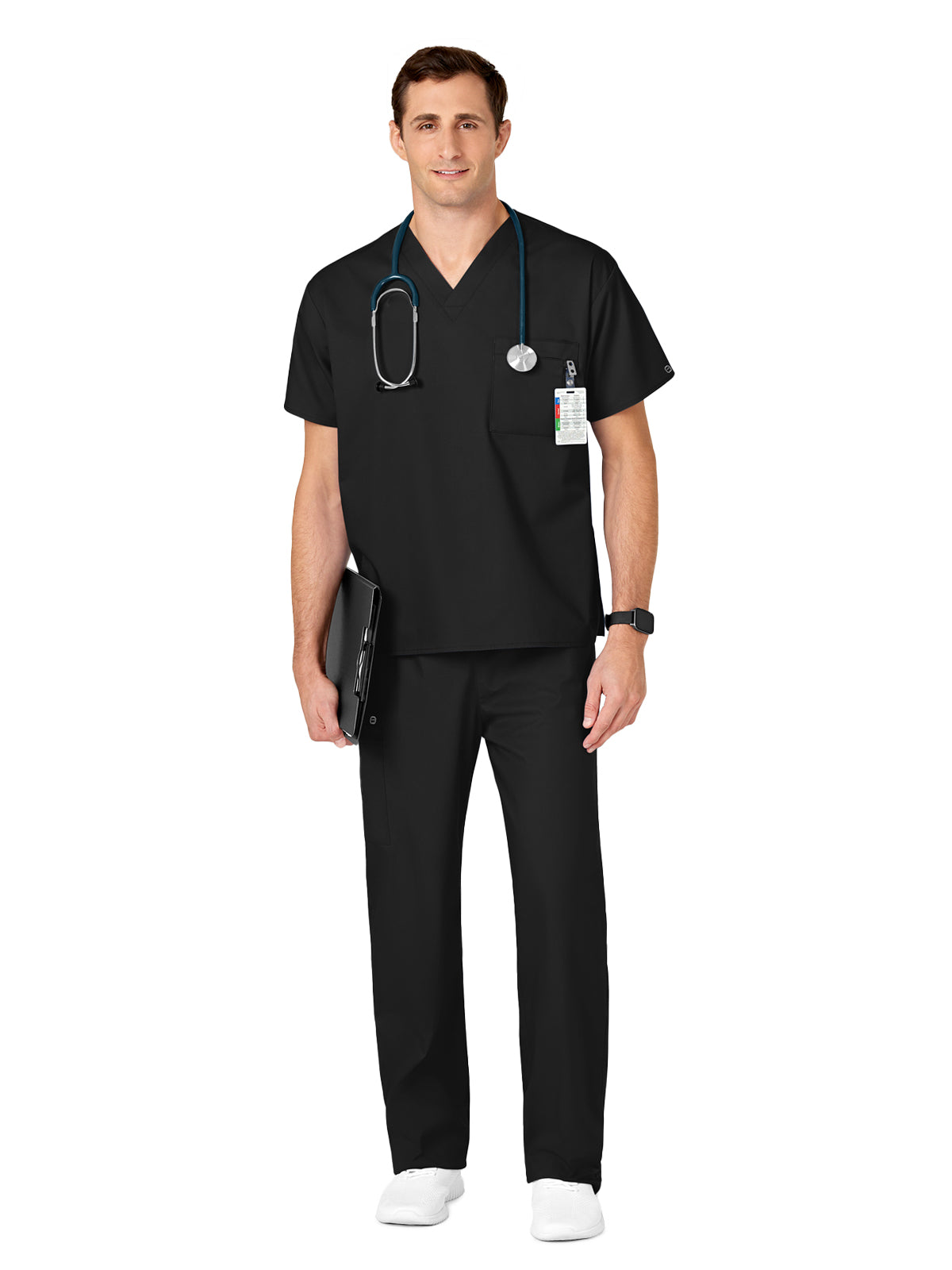 Unisex Double-Pocket V-Neck Scrub Top - 100 - Black