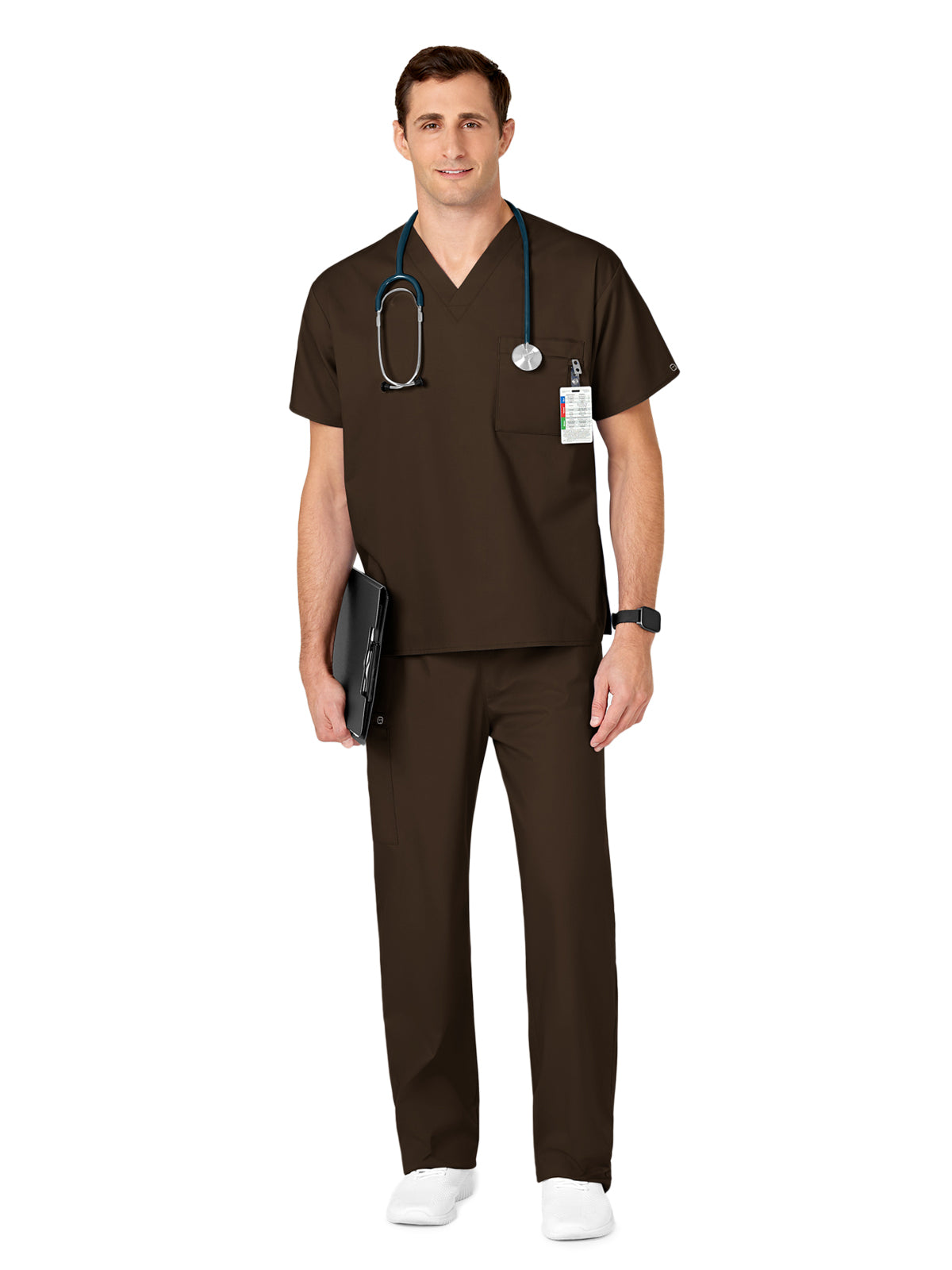 Unisex Double-Pocket V-Neck Scrub Top - 100 - Chocolate