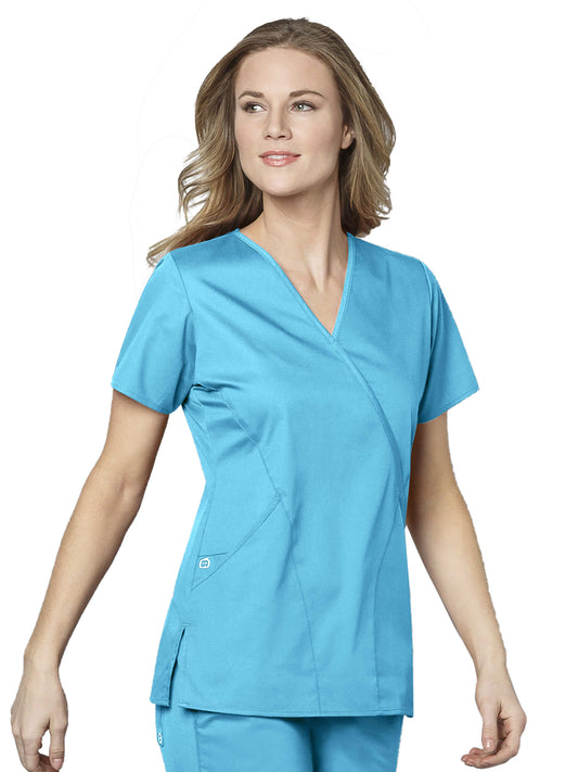 Women's Three-Pocket Mock Wrap Top - 102 - Light Turquoise