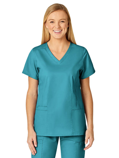 Women's Four-Pocket V-Neck Top - 105 - Teal Blue