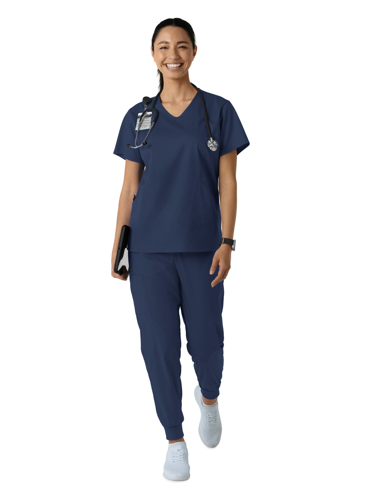 Women's Three-Pocket Curved V-Neck Scrub Top - 106 - Navy