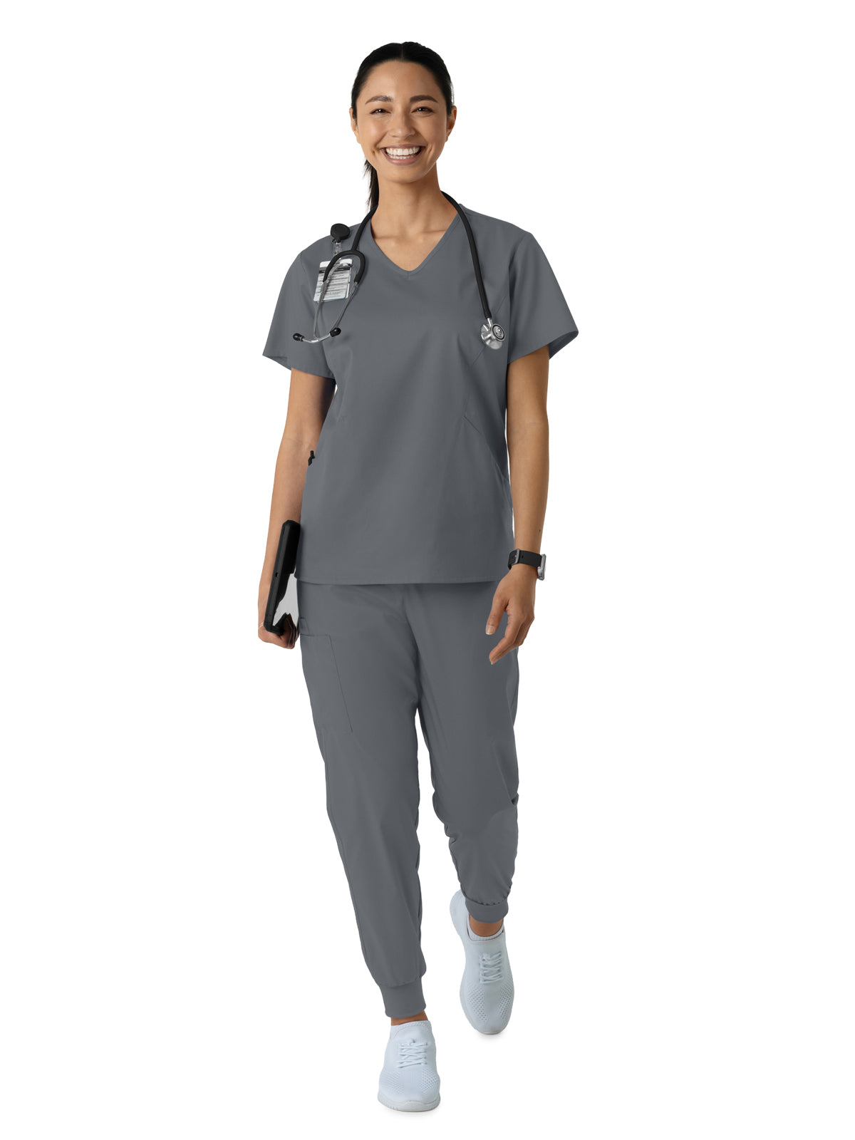 Women's Three-Pocket Curved V-Neck Scrub Top - 106 - Pewter