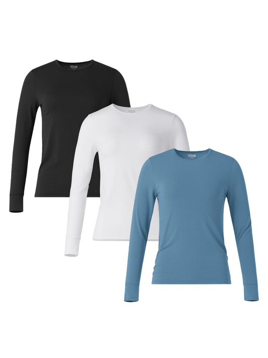 Women's 3-Pack Essential Layer Long Sleeve Underscrub Tee - 2190 - Black/White/Pacific Blue
