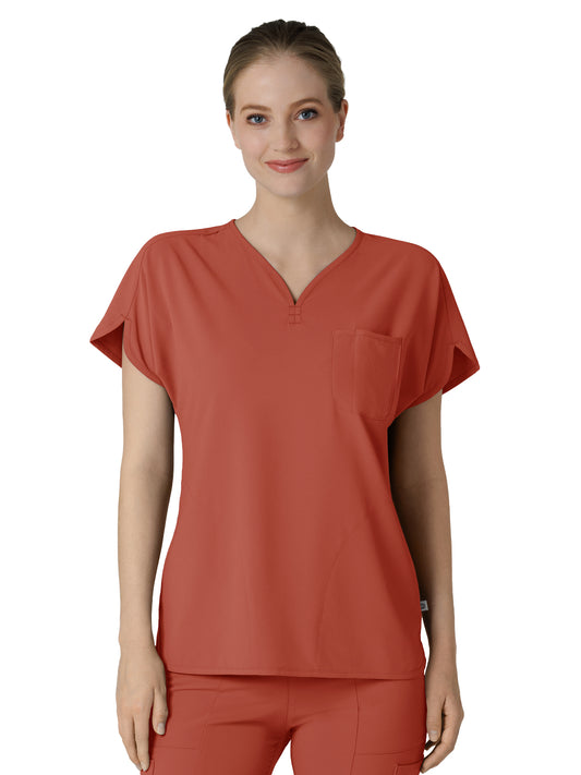 Women's Three-Pocket Y-Neck Dolman Scrub Top - 6634 - Mineral Red