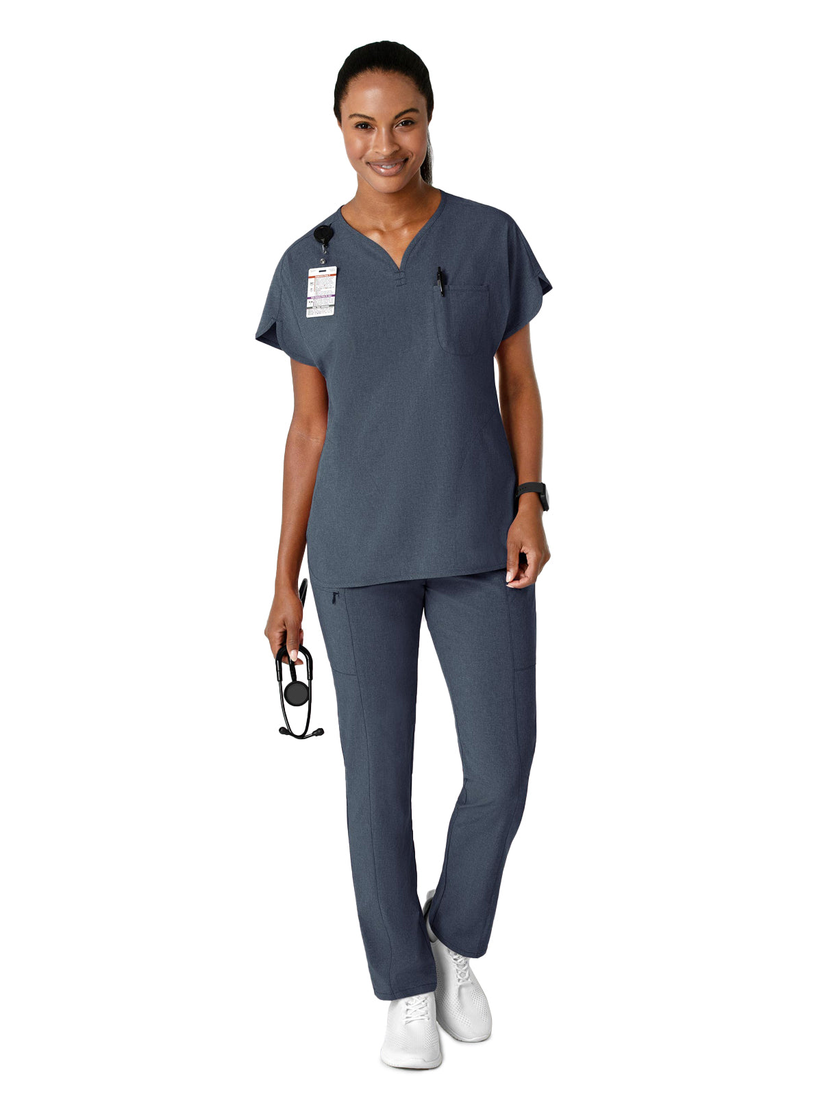 Women's Three-Pocket Y-Neck Dolman Scrub Top - 6634 - Navy Heather