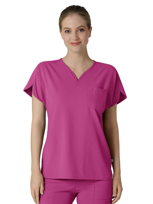 Women's Three-Pocket Y-Neck Dolman Scrub Top - 6634 - Raspberry