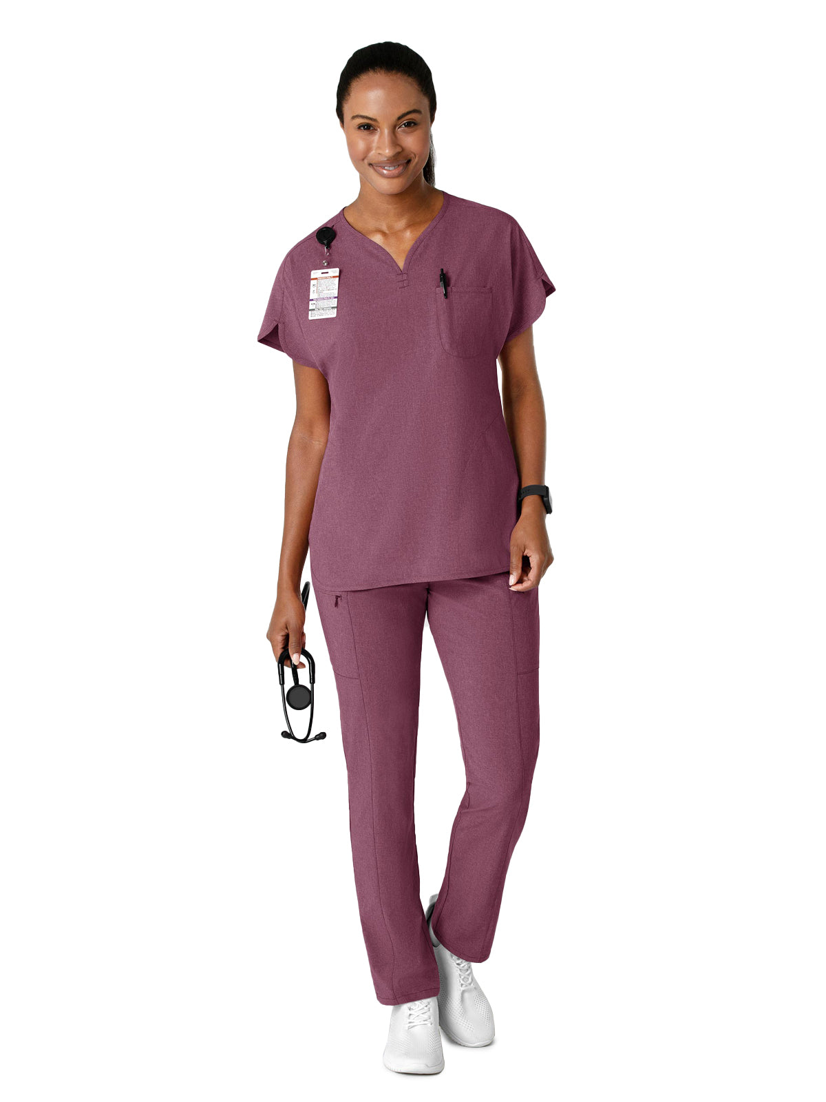 Women's Three-Pocket Y-Neck Dolman Scrub Top - 6634 - Wine Heather