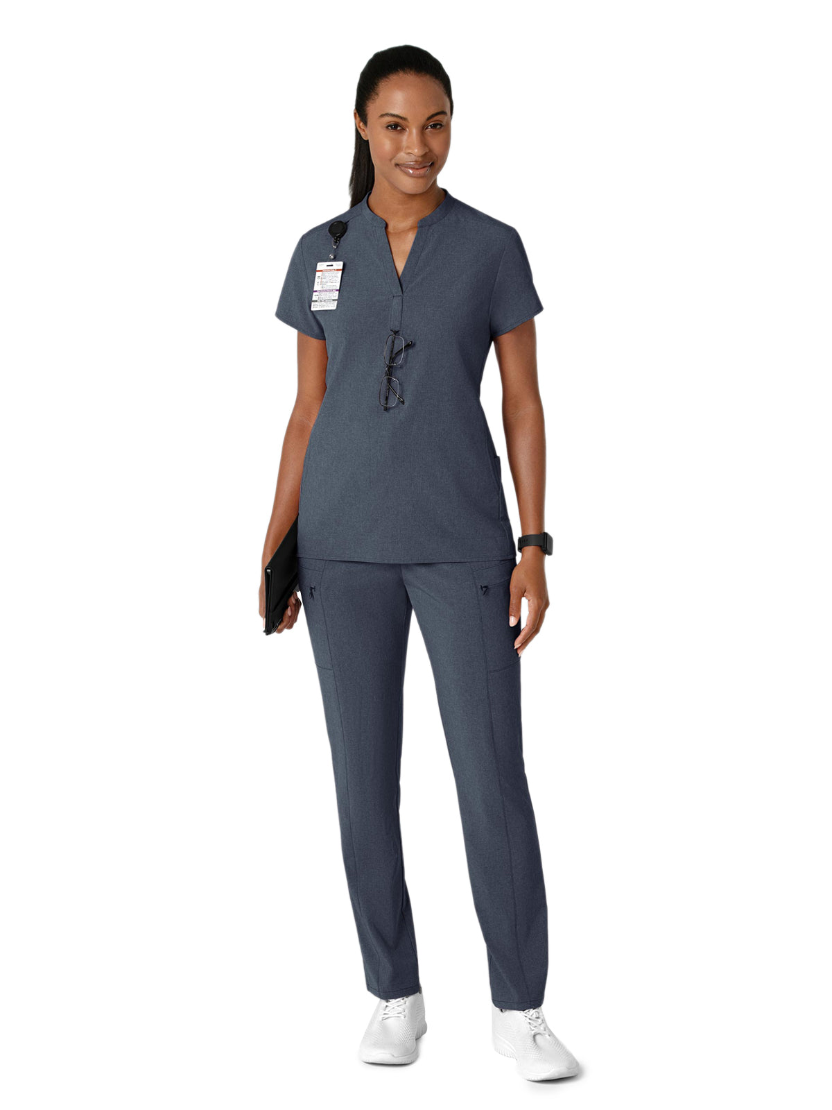 Women's Four-Pocket Mandarin Collar Scrub Top - 6734 - Navy Heather