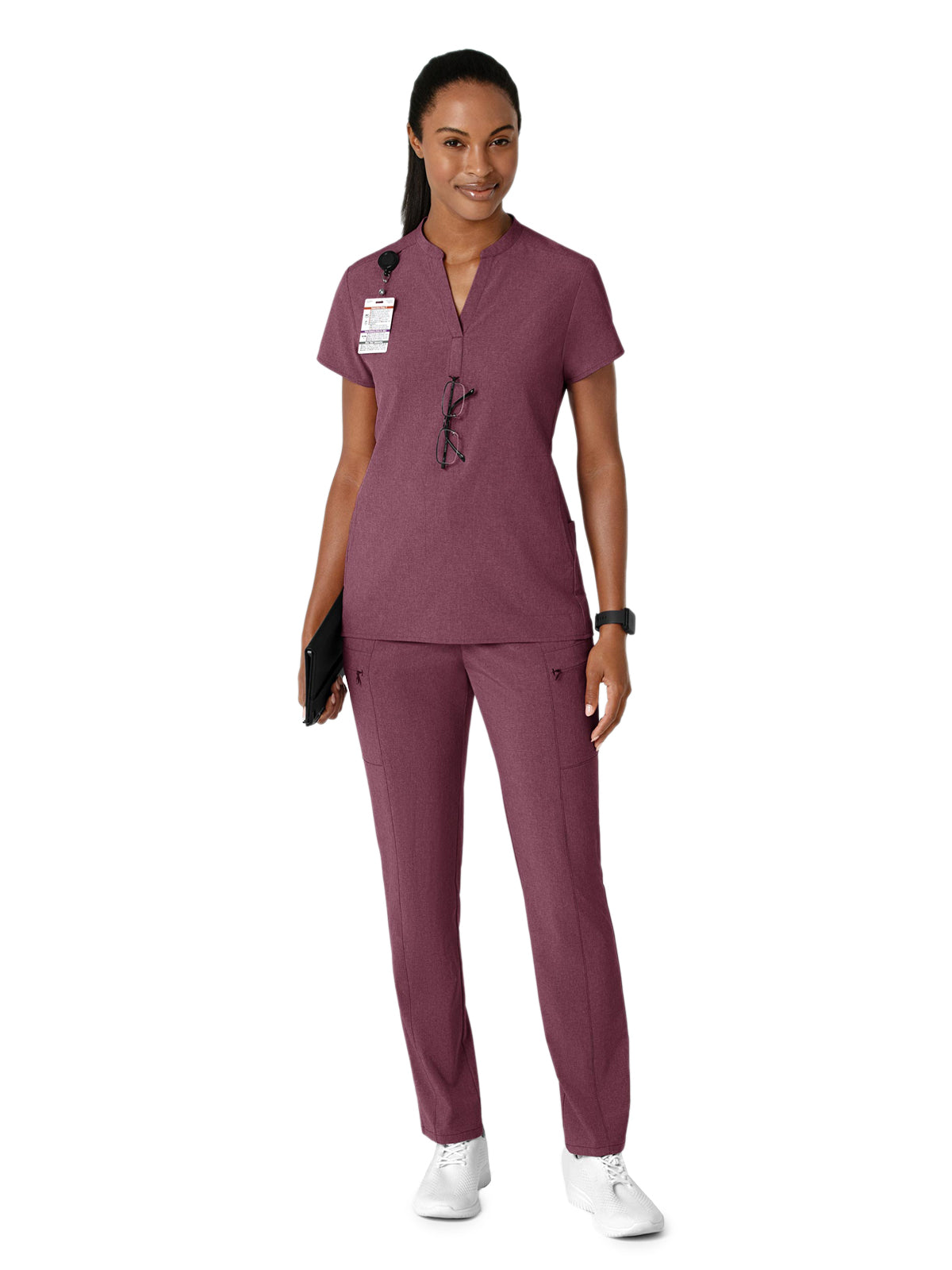 Women's Four-Pocket Mandarin Collar Scrub Top - 6734 - Wine Heather