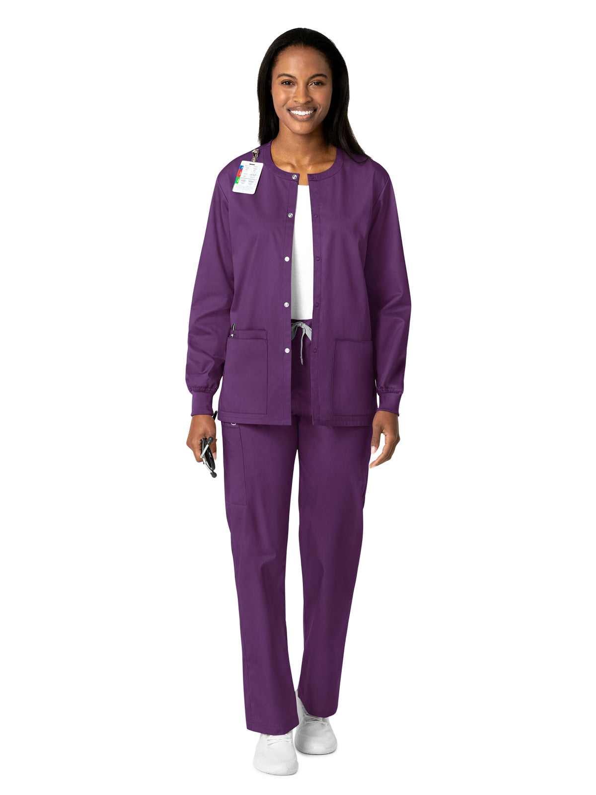 Unisex Five-Pocket Snap Front Scrub Jacket - 800 - Eggplant