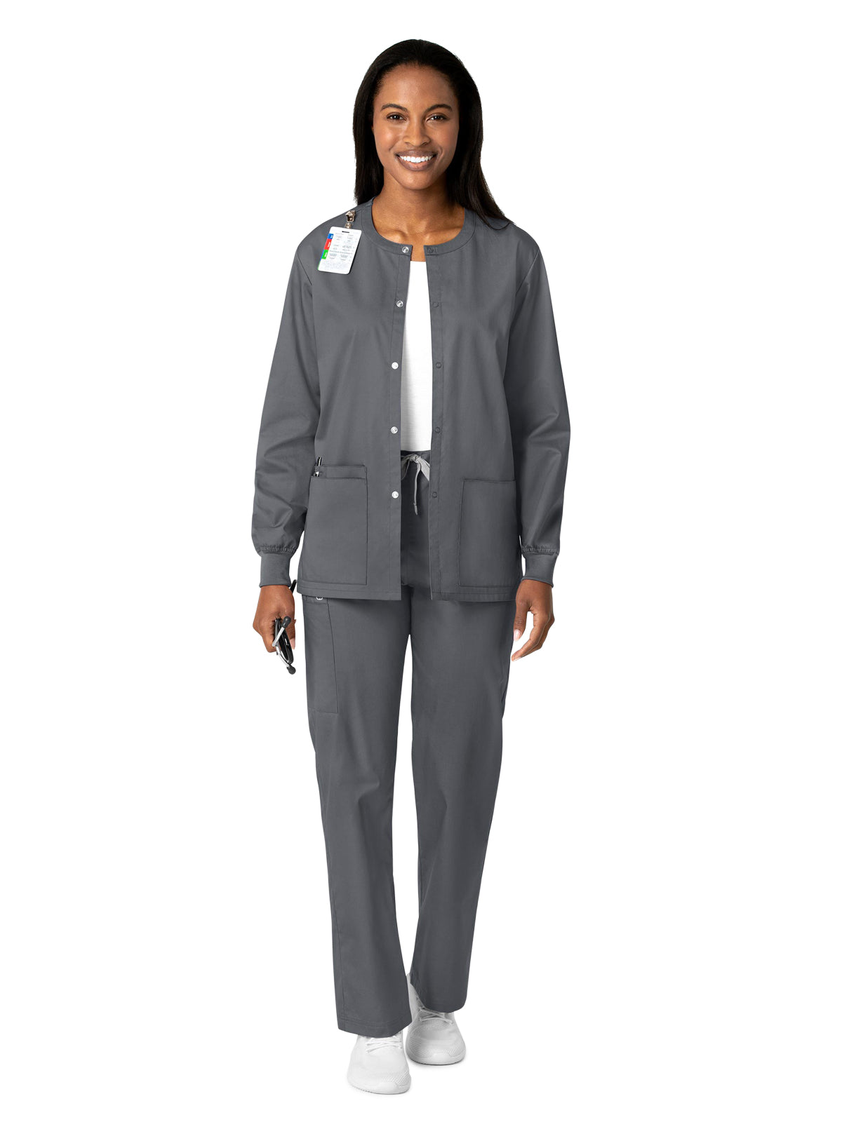 Unisex Five-Pocket Snap Front Scrub Jacket - 800 - Pewter