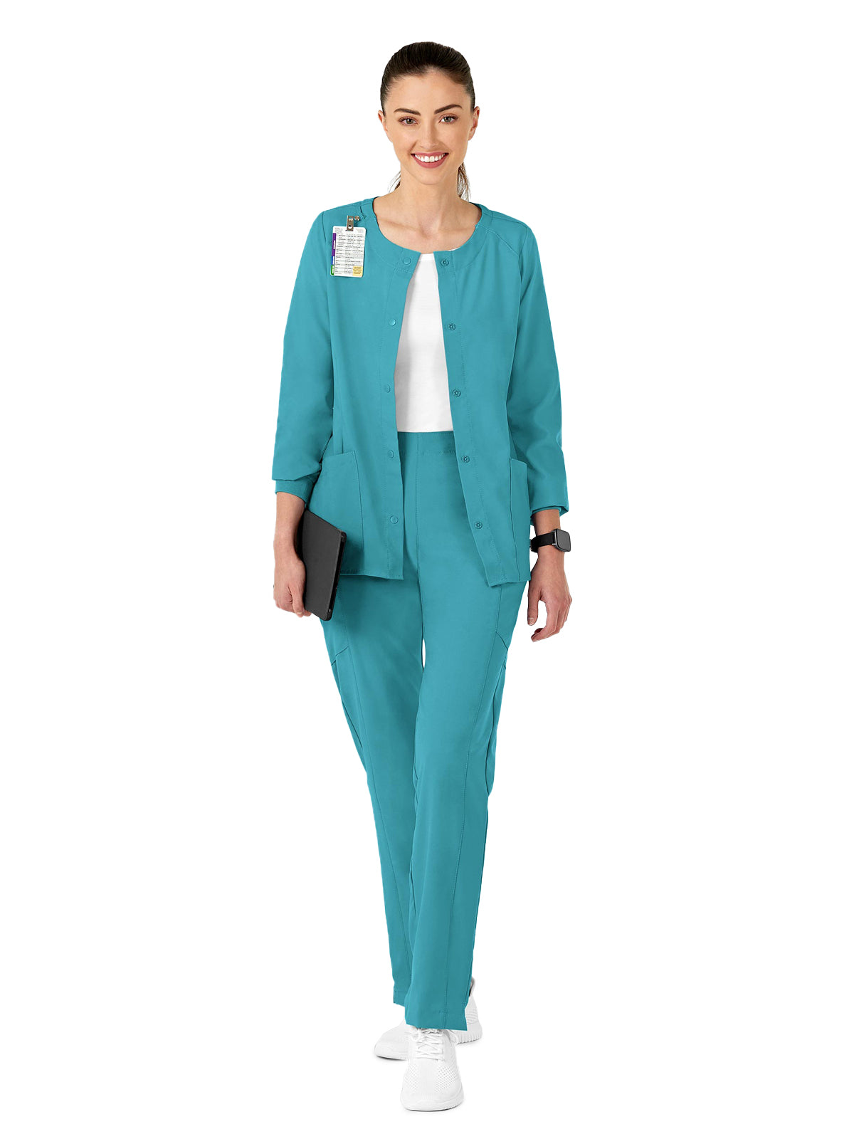 Women's Two-Pocket Crew Neck Scrub Jacket - 8155 - Teal Blue