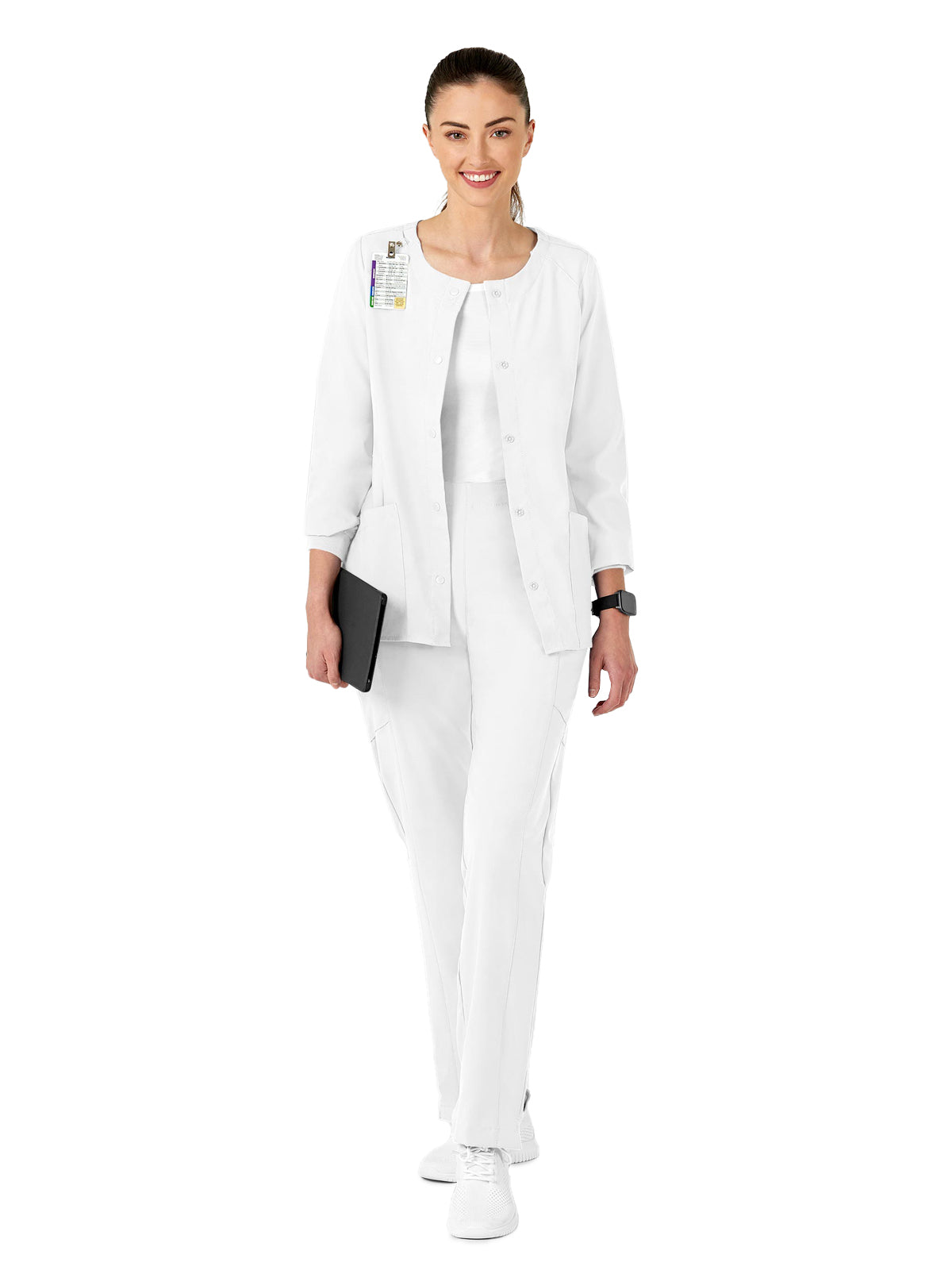 Women's Two-Pocket Crew Neck Scrub Jacket - 8155 - White