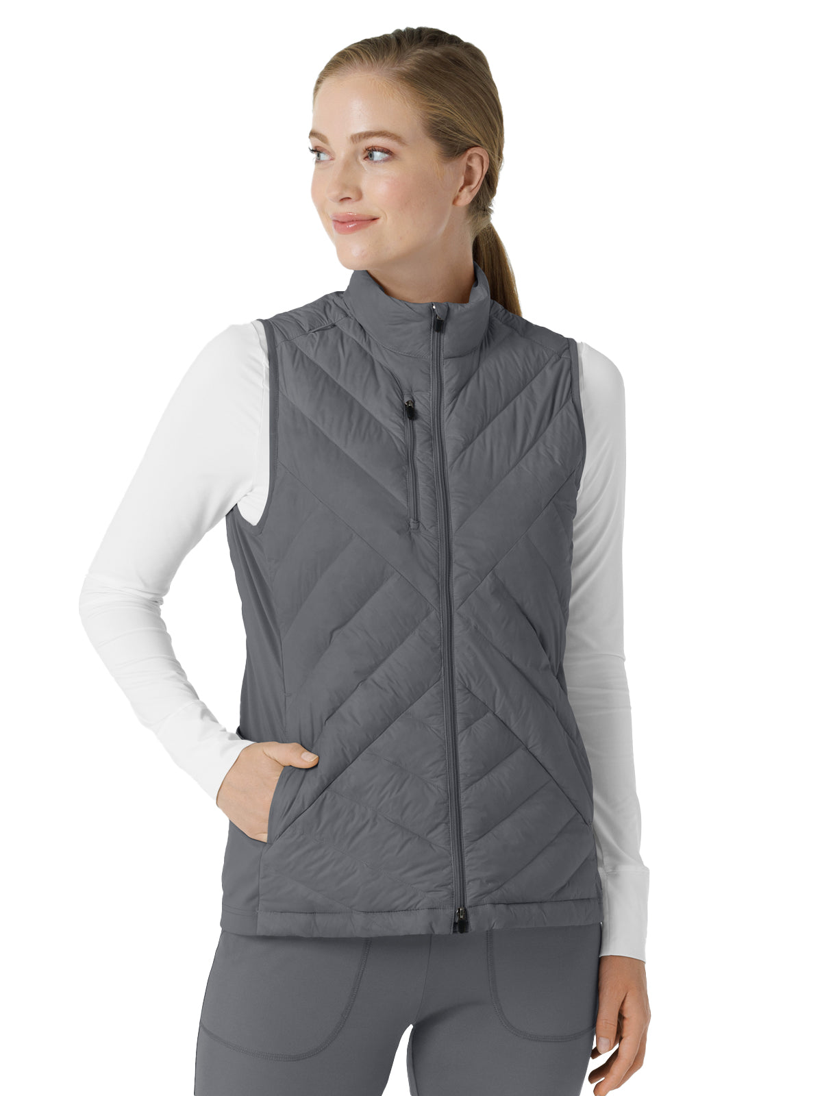 Women's Six-Pocket Quilted Scrub Vest - 8277 - Pewter