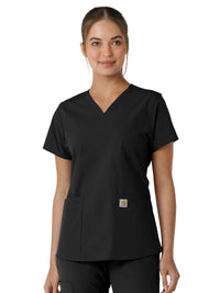 Women's Four-Pocket V-Neck Knit Panel Top - C12313 - Black