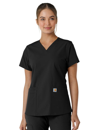 Women's Four-Pocket V-Neck Knit Panel Scrub Top - C12313 - Black