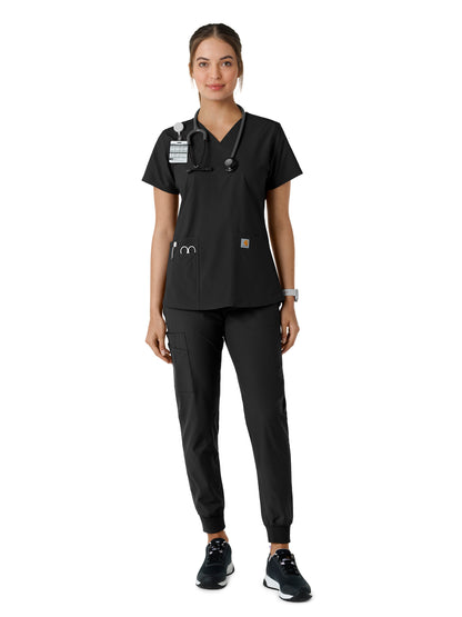 Women's Four-Pocket V-Neck Knit Panel Scrub Top - C12313 - Black