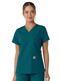 Women's Four-Pocket V-Neck Knit Panel Top - C12313 - Caribbean