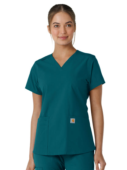 Women's Four-Pocket V-Neck Knit Panel Scrub Top - C12313 - Caribbean