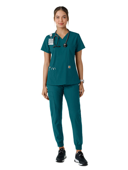 Women's Four-Pocket V-Neck Knit Panel Scrub Top - C12313 - Caribbean