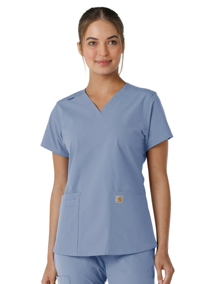 Women's Four-Pocket V-Neck Knit Panel Top - C12313 - Ceil Blue