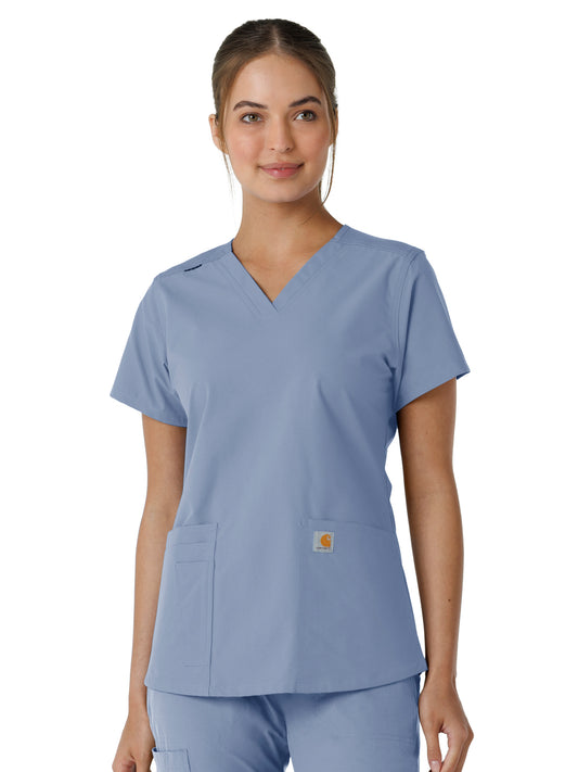 Women's Four-Pocket V-Neck Knit Panel Scrub Top - C12313 - Ceil Blue