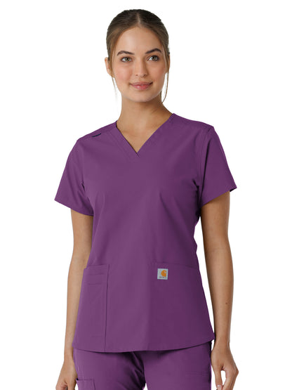 Women's Four-Pocket V-Neck Knit Panel Scrub Top - C12313 - Eggplant