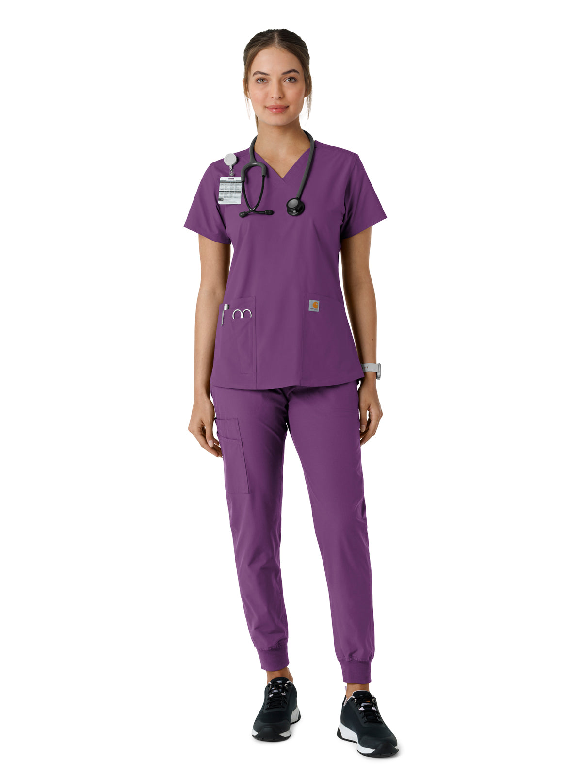 Women's Four-Pocket V-Neck Knit Panel Scrub Top - C12313 - Eggplant