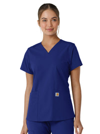 Women's Four-Pocket V-Neck Knit Panel Top - C12313 - Galaxy Blue