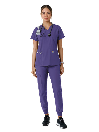 Women's Four-Pocket V-Neck Knit Panel Scrub Top - C12313 - Grape